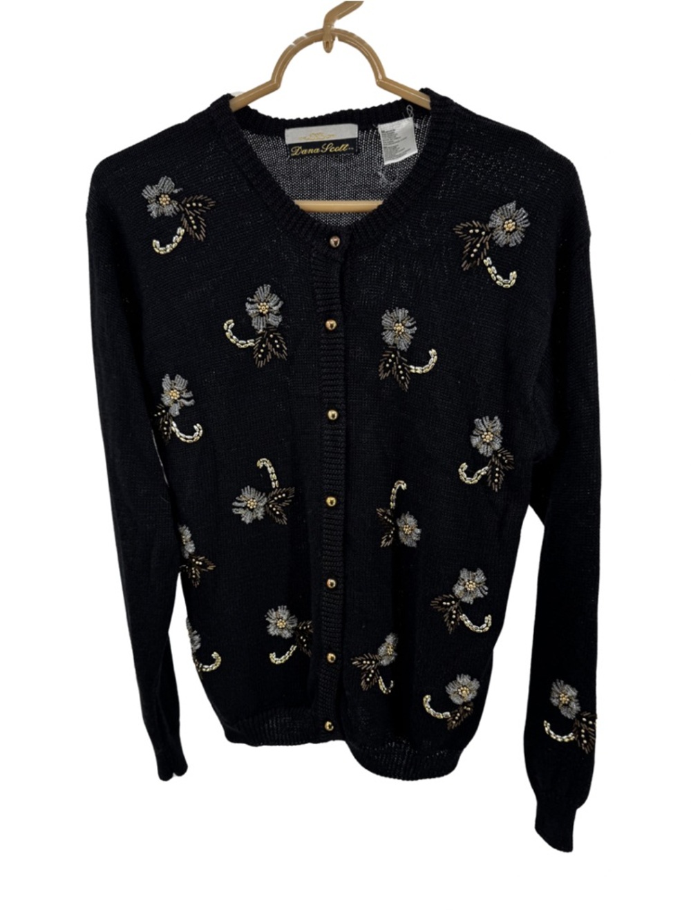 Black beaded Dana Scott Embellished Button-Front Sweater cardigan M floral